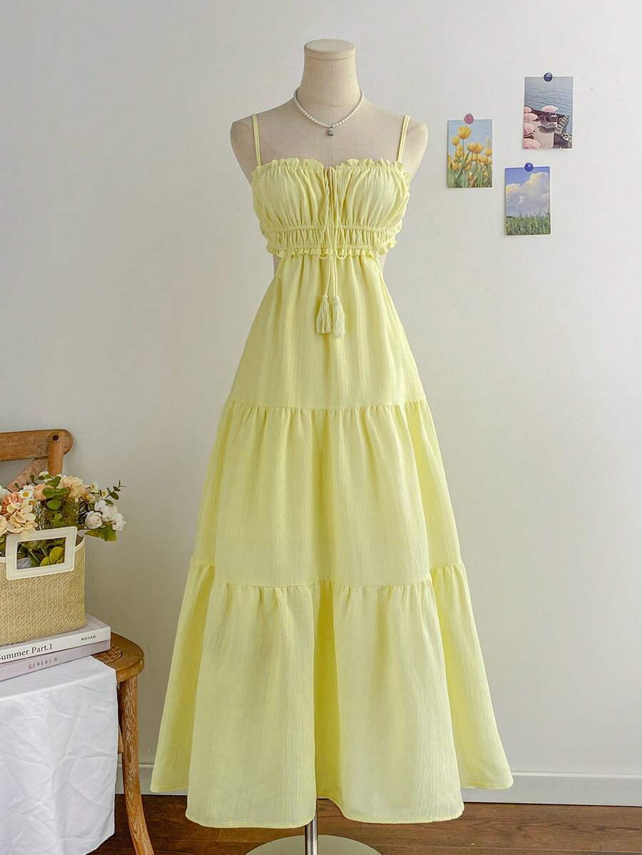 Soleia 女士度假细肩带 V 领裹腰镂空 A 字连衣裙，适合度假、音乐节、波西米亚风、休闲约会、下午茶 - 黃色 - 查看 1