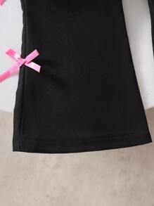 SHEIN Playful Pals 女宝宝韩版可爱全蝴蝶印花短袖翻领衬衫和白色梭织喇叭裤两件套，夏季 - 黑色 - 查看 6