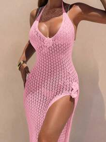 Swim SXY 夏季服装优雅钩针蕾丝镂空高开叉露背连衣裙度假装 - 粉色 - 查看 3