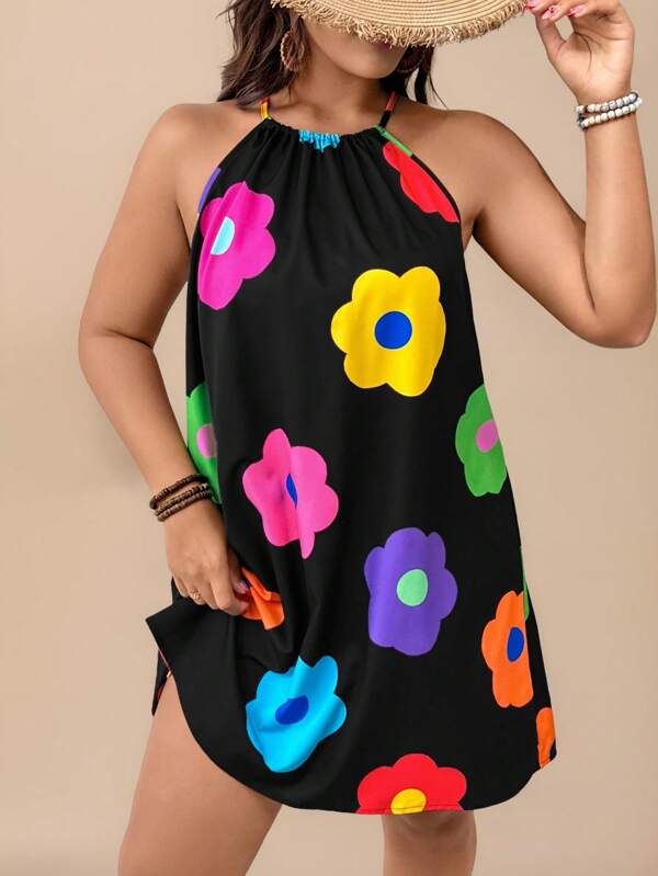 Travachic Plus Size Boho Vacation Romantic Colorful Floral Print Short Dress.Valentine,Flower, For Summer,Beach Dress Sundress,Holiday Outfits