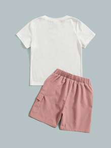 SHEIN 2pcs/Set Young Boy Casual Headphone Print Short Sleeve T-Shirt And Shorts Set - Dusty Pink - View 2