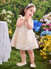 SHEIN Baby Girl Cute Elegant Apricot Floral Mesh Summer Dress - Apricot - View 10