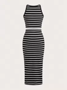 SHEIN EZwear 女士条纹针织背心和裙子套装 - 黑色 - 查看 2