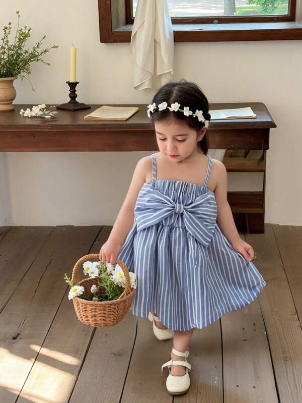 Vintaside Kids فستان ربطة بنفيات أزرق وأبيض غير محكم للبنات، مناسب للشاطئ والنزهات والارتداء اليومي العادي، موسم الربيع والصيف