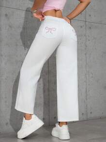 SHEIN PETITE 女士蝴蝶结刺绣直筒宽松休闲牛仔裤