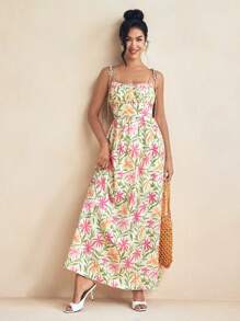 Miriam Omar Multicolor Spring And Summer Floral Print Cami Tie-Up Strap Ruched Bodice Maxi Dress Vacation Sundress For Women, Rave, Prom Dress, Brunch Outfits, Tea Party Dress - Multicolor - View 6