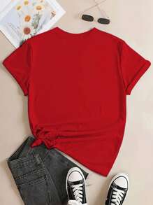 INAWLY Women's Red Butterfly Print Casual Comfy Crew Neck T-Shirt, Versatile For Summer - Red - View 2