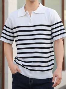 Manfinity Hypemode Men's Zip Neck Striped Short Sleeve Casual Knit Top - Black and White - View 4