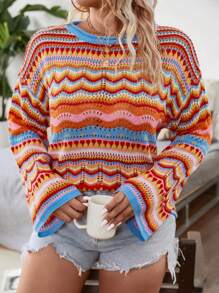 Flirla Holiday Colorblock Hollow-Out Plus Size Knit Sweater, Plus Size Knit Pullover Fall Winter - Baby Blue - View 6