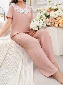 2pcs/Set Women V-Neck Ruffle Lace Sleepwear Set - Dusty Pink - View 3