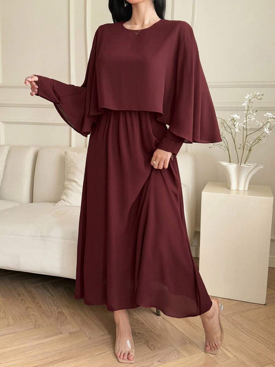 DAZY Váy dự tiệc bằng vải voan dài đến bắp chân dành cho nữ, Đầm dài tay thanh lịch mùa xuân/thu - Gỗ đỏ - Xem 1