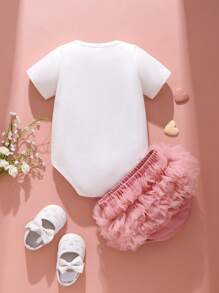 SHEIN Newborn Infant 0-9m Mother's Day Outfit - Cute Slogan "Best Mommy Ever" Bodysuit, Tutu Skirt, Mesh Skirt Set, Suitable For Newborn Daily Wear, Mother's Day, Birthday Party, Photo Shoot, Outdoor Activities, Spring/Summer - Dusty Pink - View 3