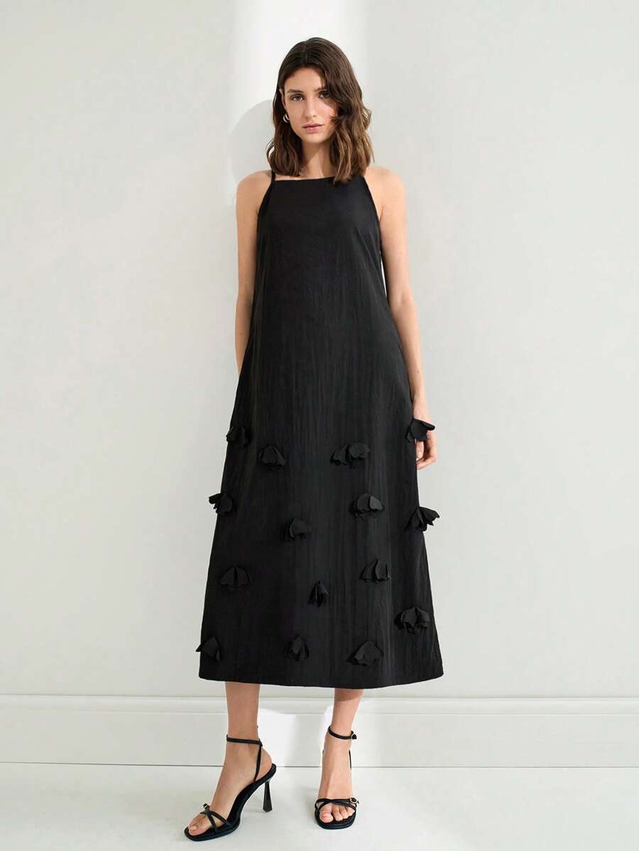 Maija Women's Elegant Solid Color 3D Floral Decor Slip Midi Dress - Black - View 1