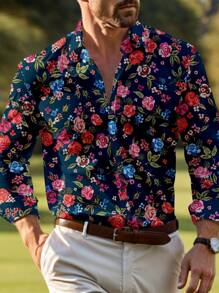 Manfinity RSRT Camisa casual de manga larga con botones delanteros y estampado floral all over para hombre