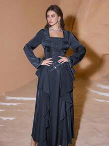 Al Najma 奢华亮片刺绣侧系腰闪光优雅阿拉伯连衣裙，端庄 - 寶藍色 - 查看 7