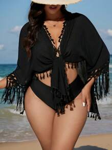 SHEIN Swim Lushore Plus Size Women Loose Knitted Floral Lace Tassel Tie Beach Cover Up Kimono, Summer Vacation - Black - View 3