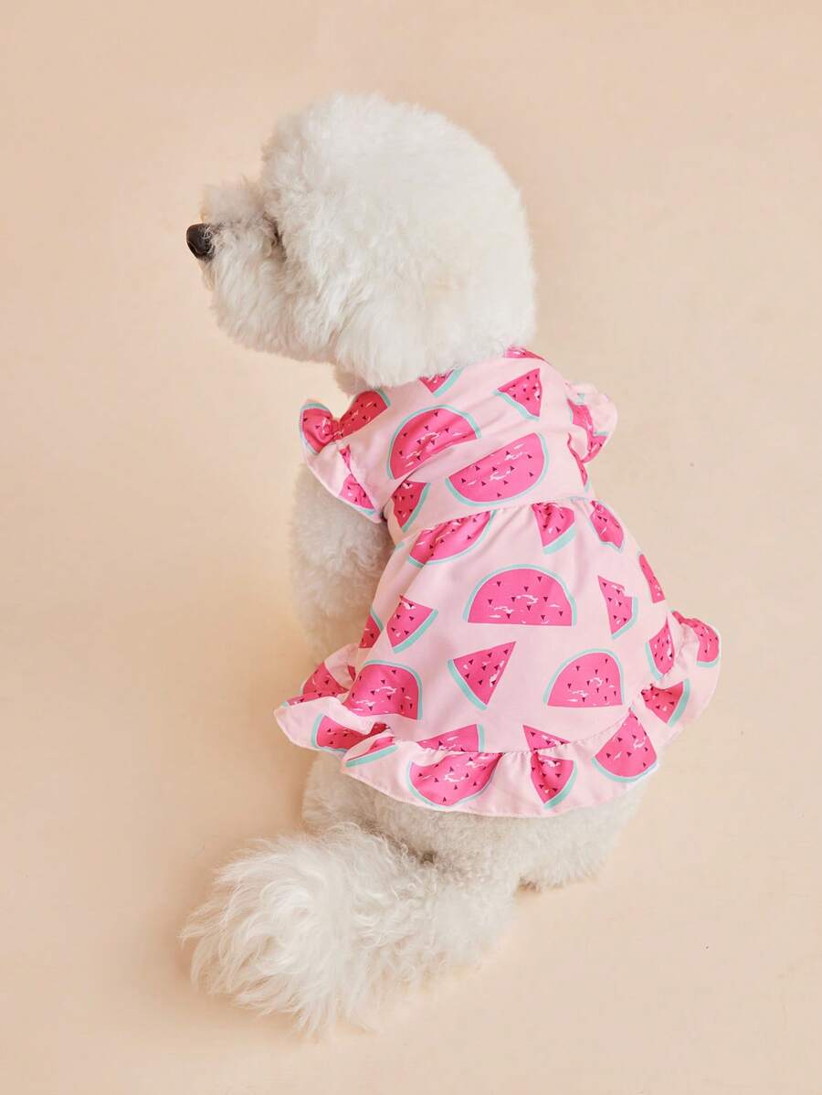 PETSIN 1 件宠物西瓜印花荷叶边袖纽扣连衣裙，百搭狗狗服装 - 彩色 - 查看 1