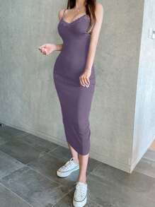 DAZY 优雅纯色蕾丝边修身吊带连衣裙，夏季优雅吊带长裙 - 中紫紅色 - 查看 5