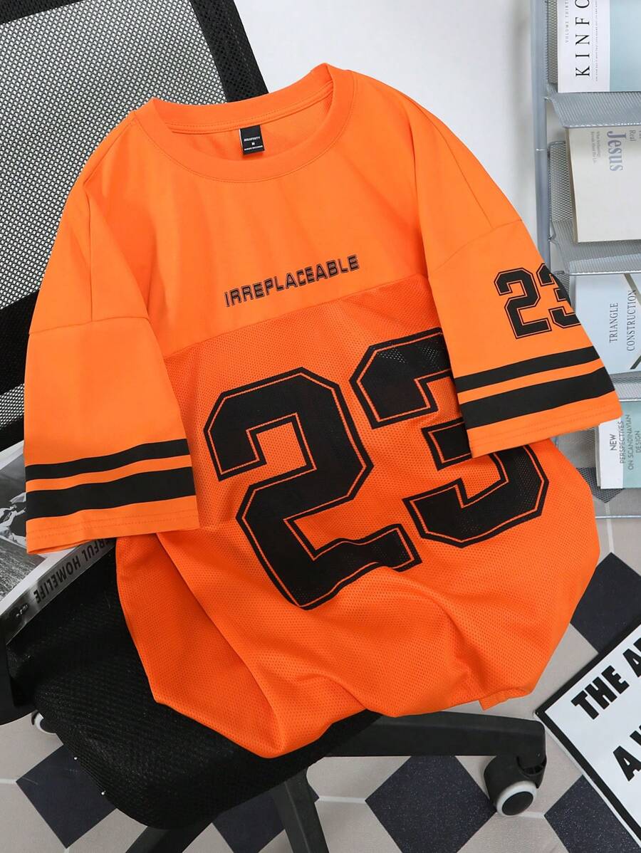 Manfinity Campus Court Aesthetic Post--Men Striped & Letter Print Round Neck Short Sleeve T-Shirt, Summer - Orange - View 1