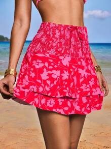 SHEIN Swim Women's Red Base Ditsy Floral Sash Waist Skirt Style Swimsuit Cover Up For Summer Beach Vacation - Red - View 3
