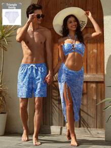 Manfinity VDAYZ Pantalones cortos de playa con estampado de paisley, cintura con cordón, estilo hawaiano para novio y hombres