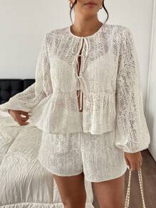 SHEIN Frenchy 2pcs/Set Plus Size Women Tie-Front Lantern Sleeve Top And Shorts Set - Apricot - View 4