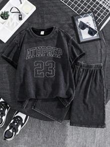 SHEIN 2 件儿童/青少年男孩休闲运动百搭舒适雪花和字母刺绣圆领宽松套头 T 恤和短裤针织 2 件套，适合通勤、上学、休闲、度假、运动、春夏季 - 彩色 - 查看 4