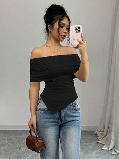 Rafferiza Camiseta ajustada con hombros descubiertos, solapa ancha y dobladillo fruncido, elegante para mujer, primavera/verano