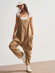 Bohemela Plus Size Women's Solid Color Loose Casual Jumpsuit With Dual Pockets