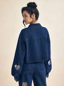 MODERRE Vestes en jean crop lavées avec découpes en forme de cœur à couture rouge, design - Jean brut - Voir 5