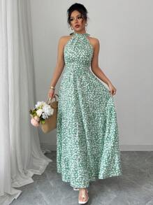 Elenzga Women's Green Ditsy Floral Halter Neck Backless Gathered Waist Casual Vacation Midi Dress