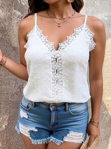Breezaya Plus Size Women's Casual Vacation Summer V-Neck White Lace Stitching Embroidered Camisole