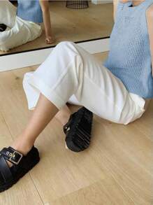 SHEIN Unity 女士镂空花卉百搭纯色圆领针织背心 - 藍色 - 查看 3