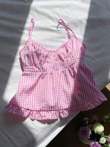 Comfortcana Große Größen Sommer rosa kariertes Camisole-Top mit Volant-Saum