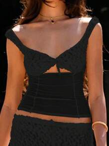 Women's Solid Color Thick Strap Knotted Tank Top, Casual Summer - Black - View 3