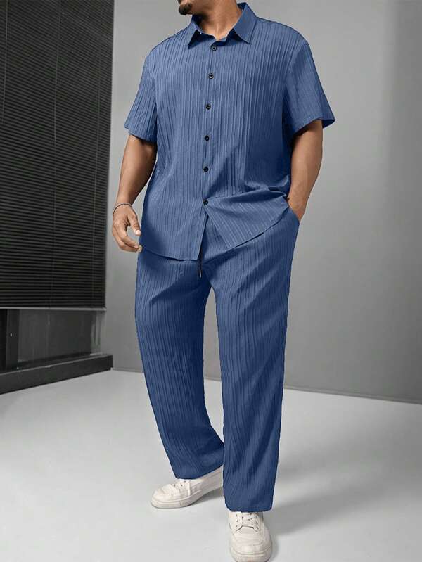 Manfinity Homme 1 Set Plus Size Men Solid Color Short Sleeve Single-Breasted Shirt And Pants Suit