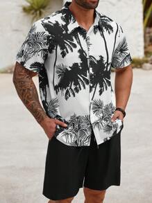 Manfinity RSRT Plus Size Men Coconut Tree Print Short Sleeve Shirt And Shorts Set - Black - View 6