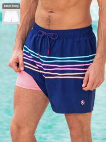 Manfinity Swimmode Men's Striped Drawstring Waist Beach Shorts, Suitable For Pool & Vacation, Summer - Navy Blue - View 1