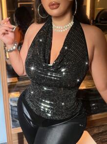 Allurite Plus Size Women Sequin Backless Cami Top, Plunge Neck For Party Clubwear, Summer