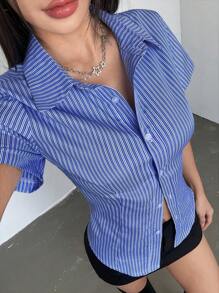 Flirla 蓝色条纹修身简约女式短袖办公室衬衫 - 彩色 - 查看 6