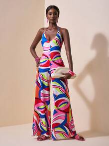 Slaydiva 休闲抽象印花挂脖系带连体裤，夏季 - 彩色 - 查看 4