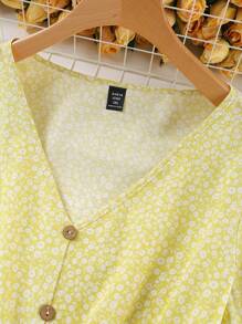 SHEIN LUNE Áo cánh tay bèo nhún hoa cỡ lớn cho nữ - Màu vàng - Xem 3
