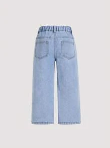 SHEIN Young Girls Jeans - Distressed Light Wash Blue Denim Jeans With Butterfly Print, Rhinestone Decor And Elastic Waist, Loose Fit Wide Leg - Light Wash - View 4