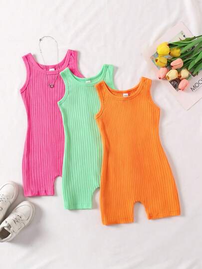 SHEIN 3pcs Young Girls' Casual Classic Fashion Ribbed Camisole & Shorts Jumpsuit, Black + Khaki + Rose Red, Versatile, Suitable For Summer, Autumn, Winter, Daily Wear, Homewear, Sports, School, Campus, College