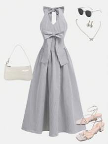 SHEIN Tween Girls Bow Decor Striped Mid-Length Casual Dress - Light Grey - View 1