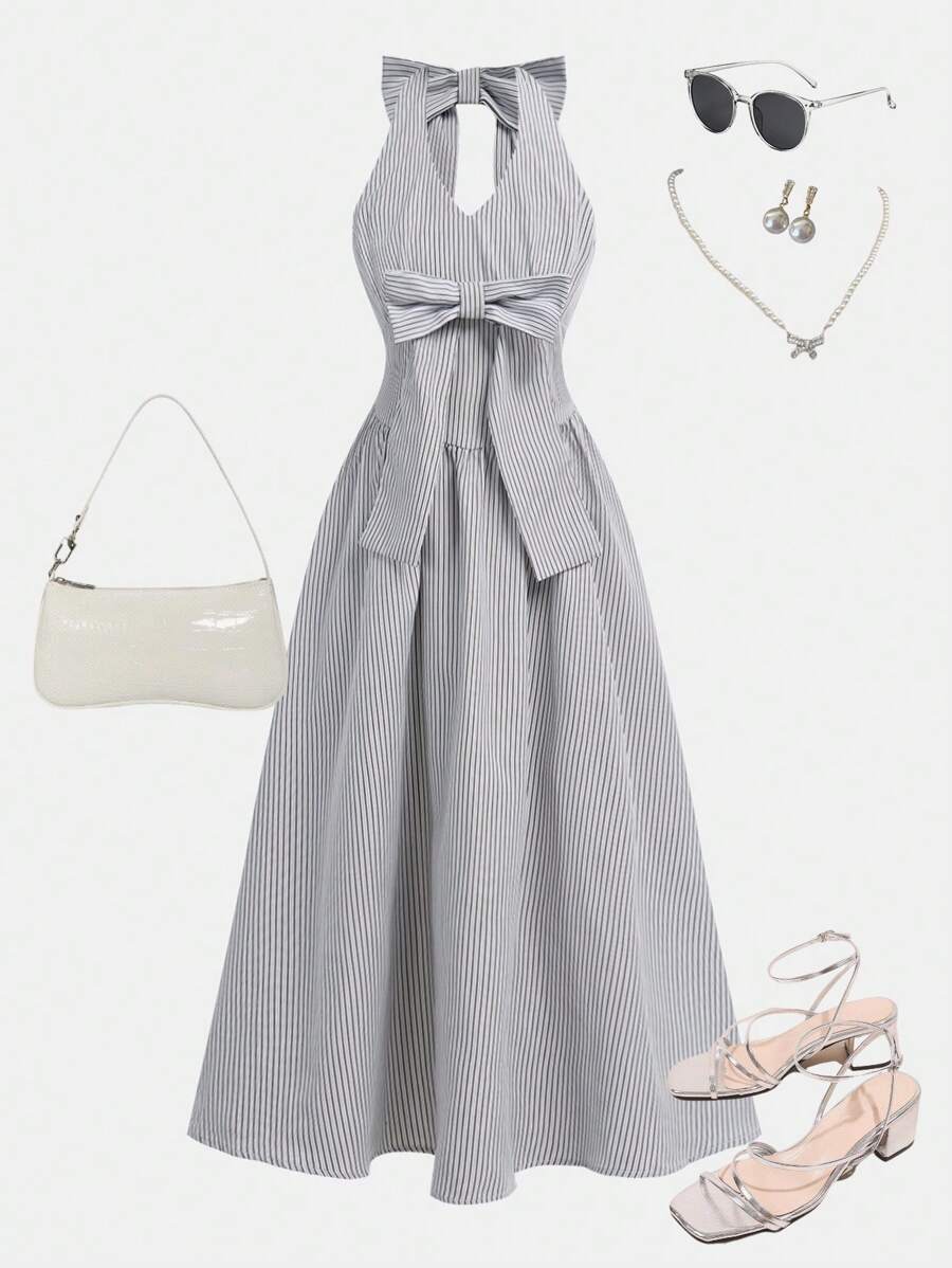 SHEIN Tween Girls Bow Decor Striped Mid-Length Casual Dress - Light Grey - View 1