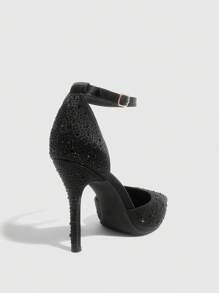 CUCCOO SZL Damskie seksowne szpilki ze szpiczastym noskiem, zdobione kryształkami, zapinane na klamrę na pasku i na wysokim obcasie - Czarne - Zobacz 10