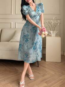 xheDAZY Vestido de mujer de longitud media con escote en V y estampado floral diminuto, vestido de verano para el Día de San Valentín, atuendos de vacaciones para mujeres, estilo bohemio para Pascuaxhe - Azul - Ver 3
