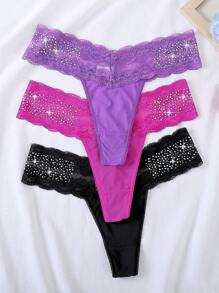 Seduluxe 3 件套女士性感纯色蕾丝拼接丁字裤 - 彩色 - 查看 4