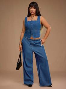 Forever 21 Top en denim décontracté sans manches col carré à simple boutonnage pour femmes grandes tailles